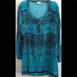 Teal/Blk, quality, new cond. soft 3/4 sleeve. Neck line & bottom banded blk trim